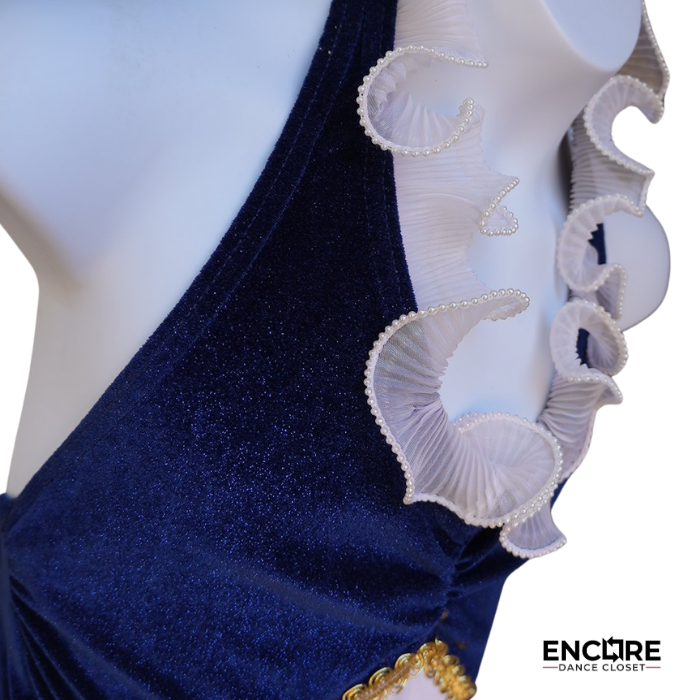 Blue Velvet Halter Dress with Rhinestone Detail