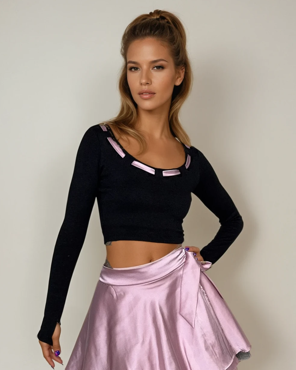 Ballet Ribbon Long Sleeve Cropped Sweater