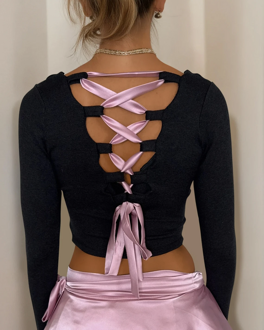 Ballet Ribbon Long Sleeve Cropped Sweater
