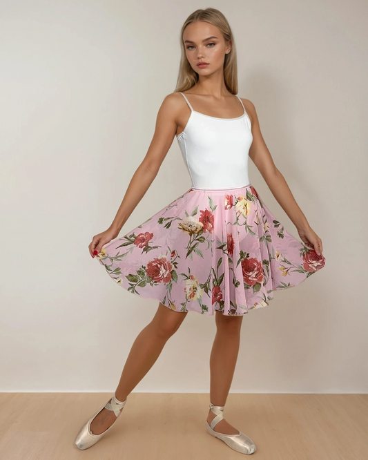 Pink Floral Chiffon Ballet Pull On Skirt