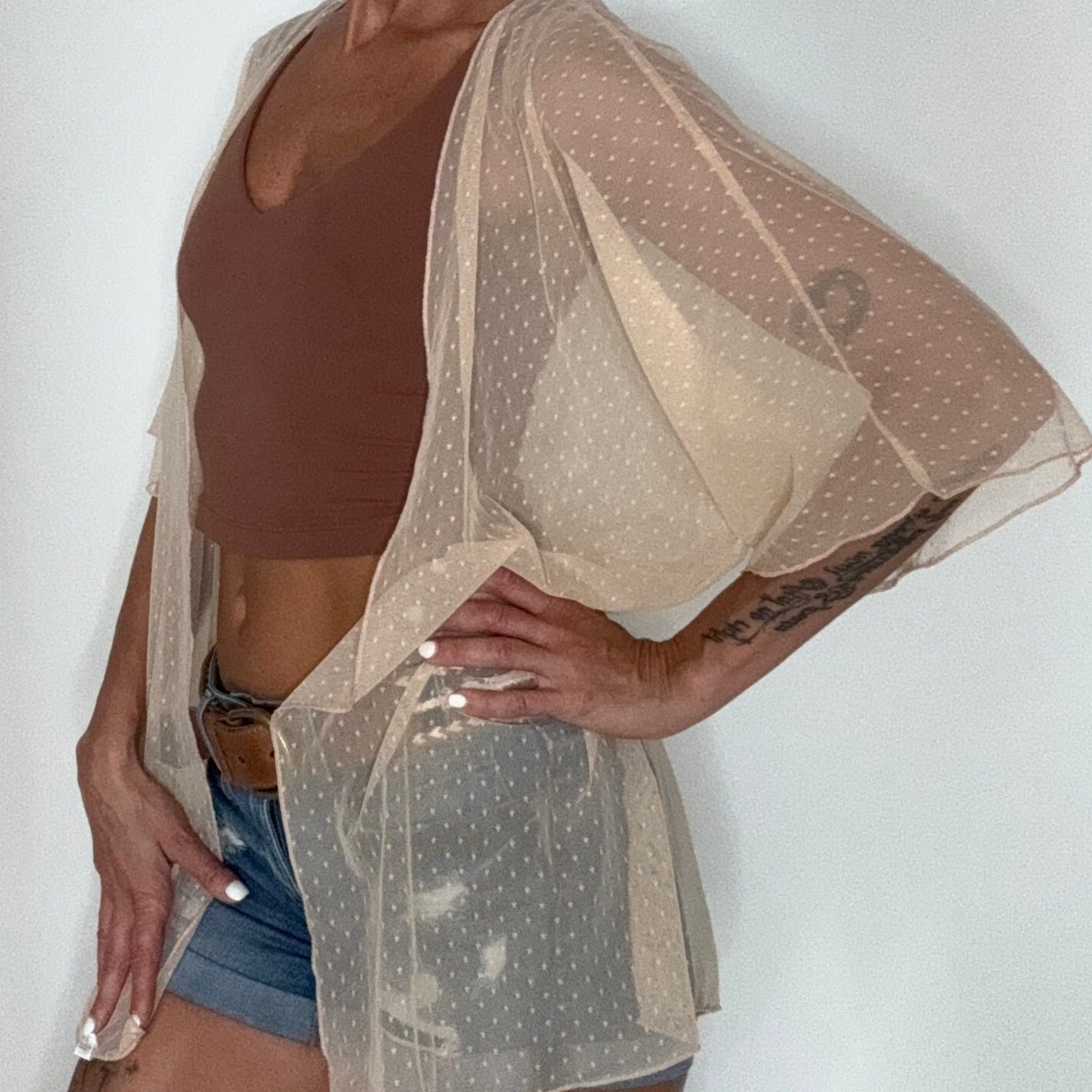 Sheer Neutral Mesh Kimono Cover Up